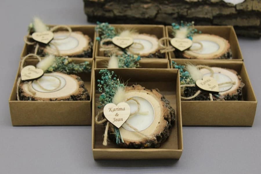 Personalised wooden tealight favours in kraft boxes